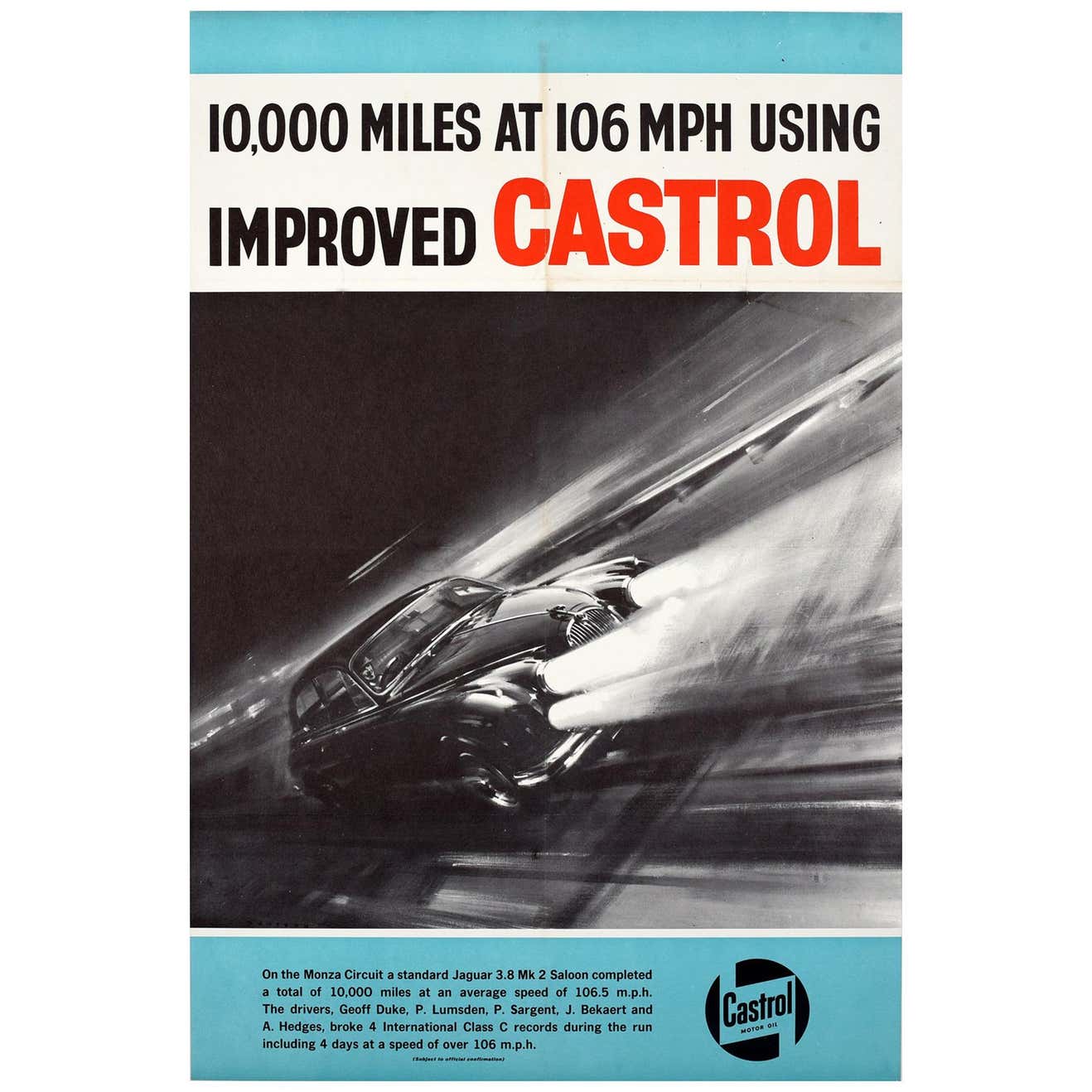Original Vintage Castrol Motor Racing Poster Monza Circuit Jaguar 3.8 ...