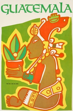 Original Vintage Central America Travel Poster Guatemala Yum Kax Mayan Deity