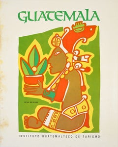 Original Vintage Central America Travel Poster Guatemala Yum Kax Mayan Deity