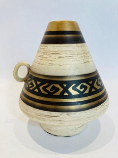 1970s Vintage Handmade German Ceramic Vase with Gold Geometric Design