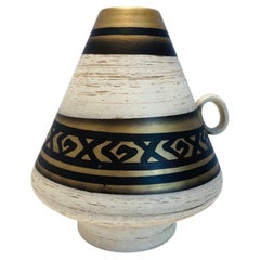 1970s Vintage Handmade German Ceramic Vase with Gold Geometric Design