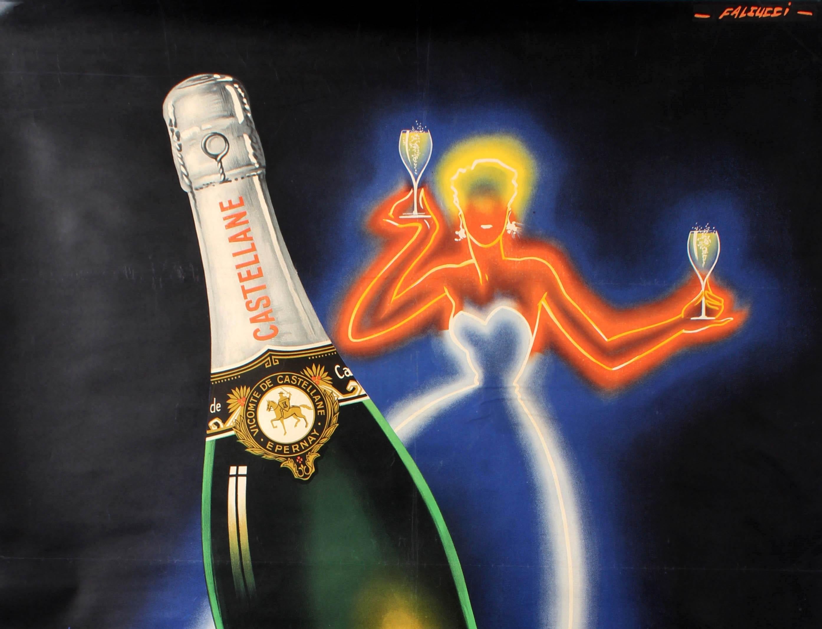 Original vintage drink advertising poster for Champagne de Castellane featuring a stylish design by Robert Falcucci (1900-1989) showing an elegant lady in neon colours holding up two glasses of Castellane champagne against the dark background with a