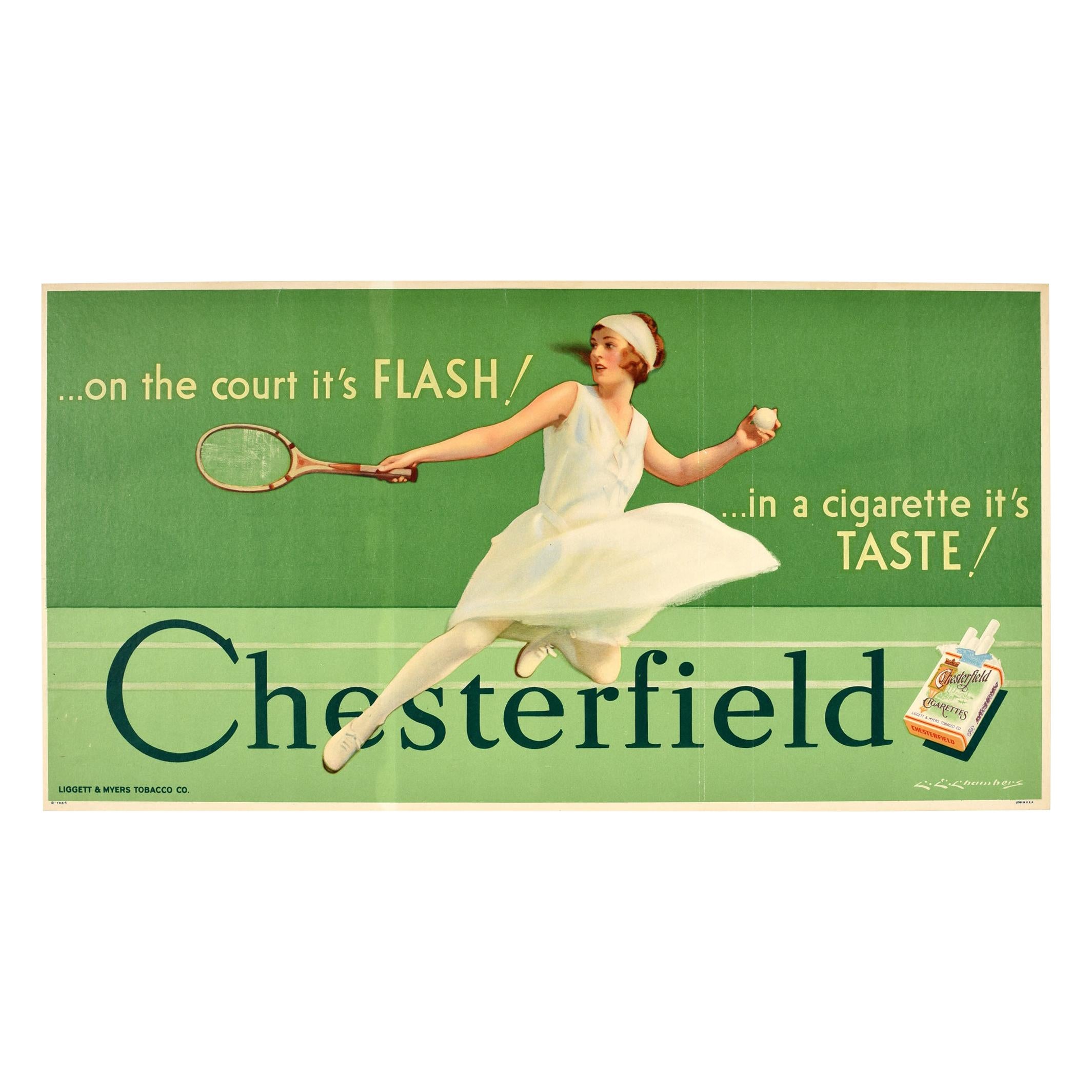 Original Vintage Chesterfield Cigarettes Advertising Poster Tennis Flash! Taste!