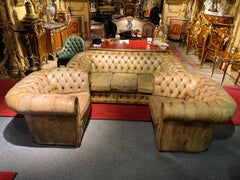 Original Vintage Chesterfield Set Three-Seat Sofa and 2 Armchairs