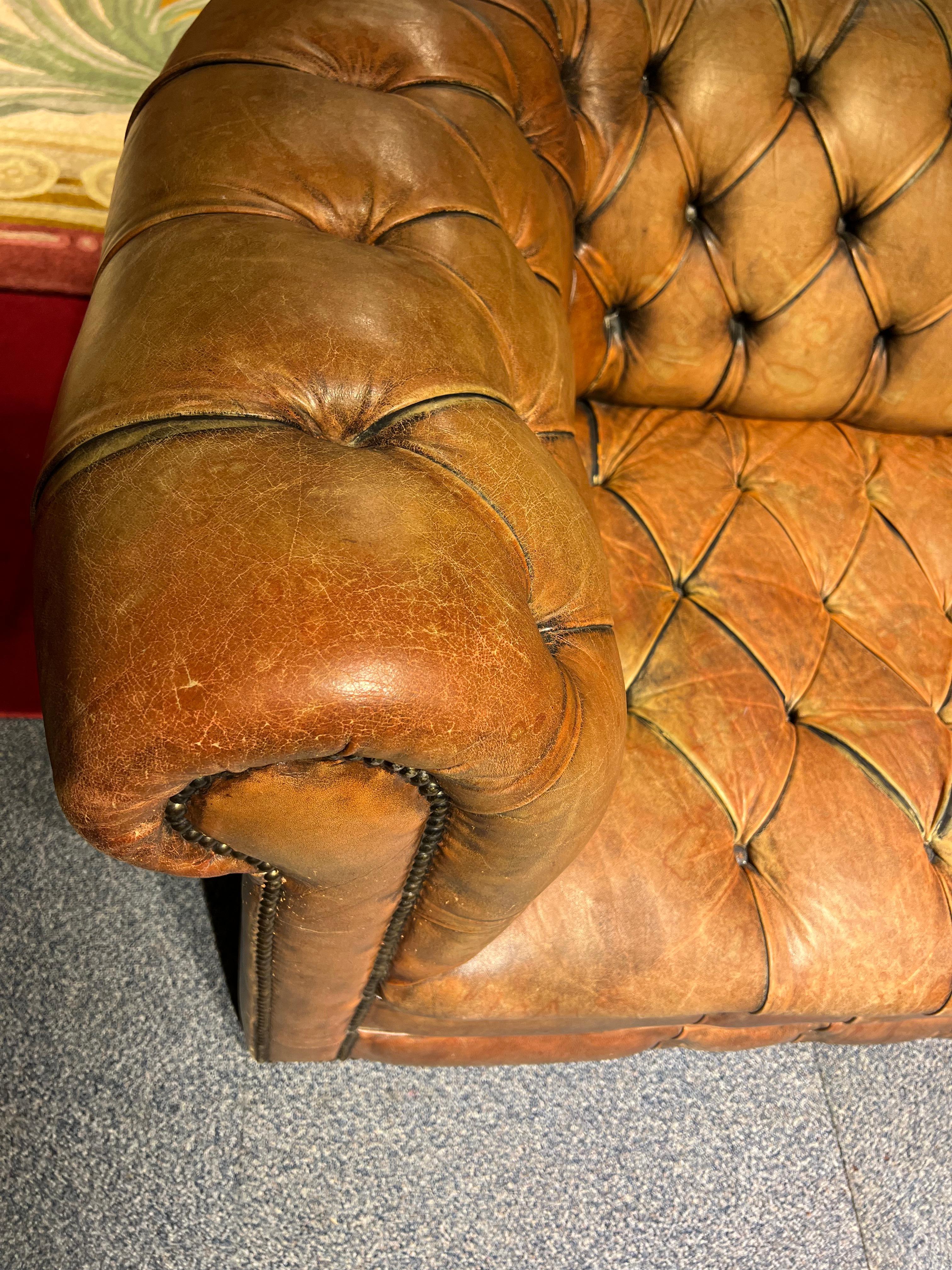 Leather Original Vintage Chesterfield Sofa Faded Brown from around 1978 High Quality For Sale