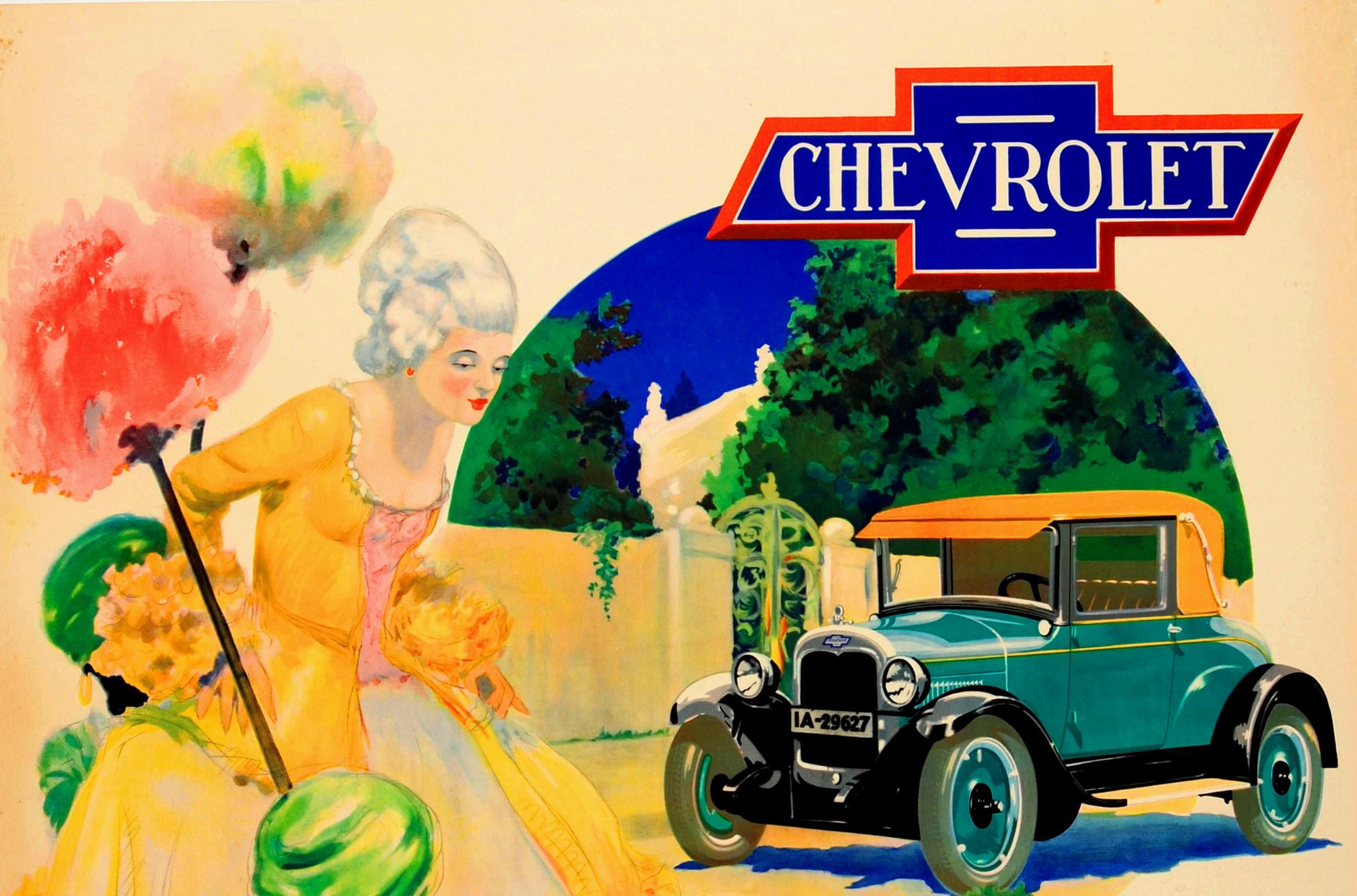 Original vintage car advertising poster for Chevrolet, the most elegant of the small cars / der eleganteste der kleinen wagen. Great artwork by Emerich Huber (1903-1979) of a lady wearing a yellow Georgian period dress with two children wearing