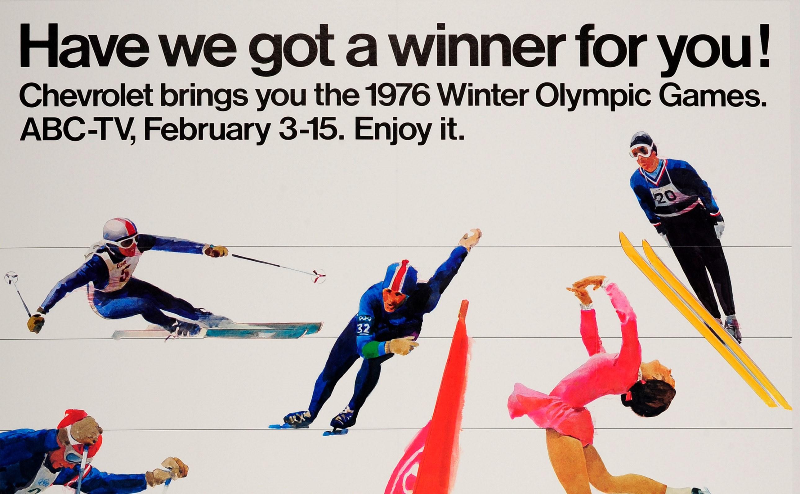 Original vintage sport advertising poster for the 1976 Olympic Games sponsored by Chevrolet featuring dynamic illustrations of the American team competing in various Olympic winter sports including cross country skiing, downhill skiing and slalom,