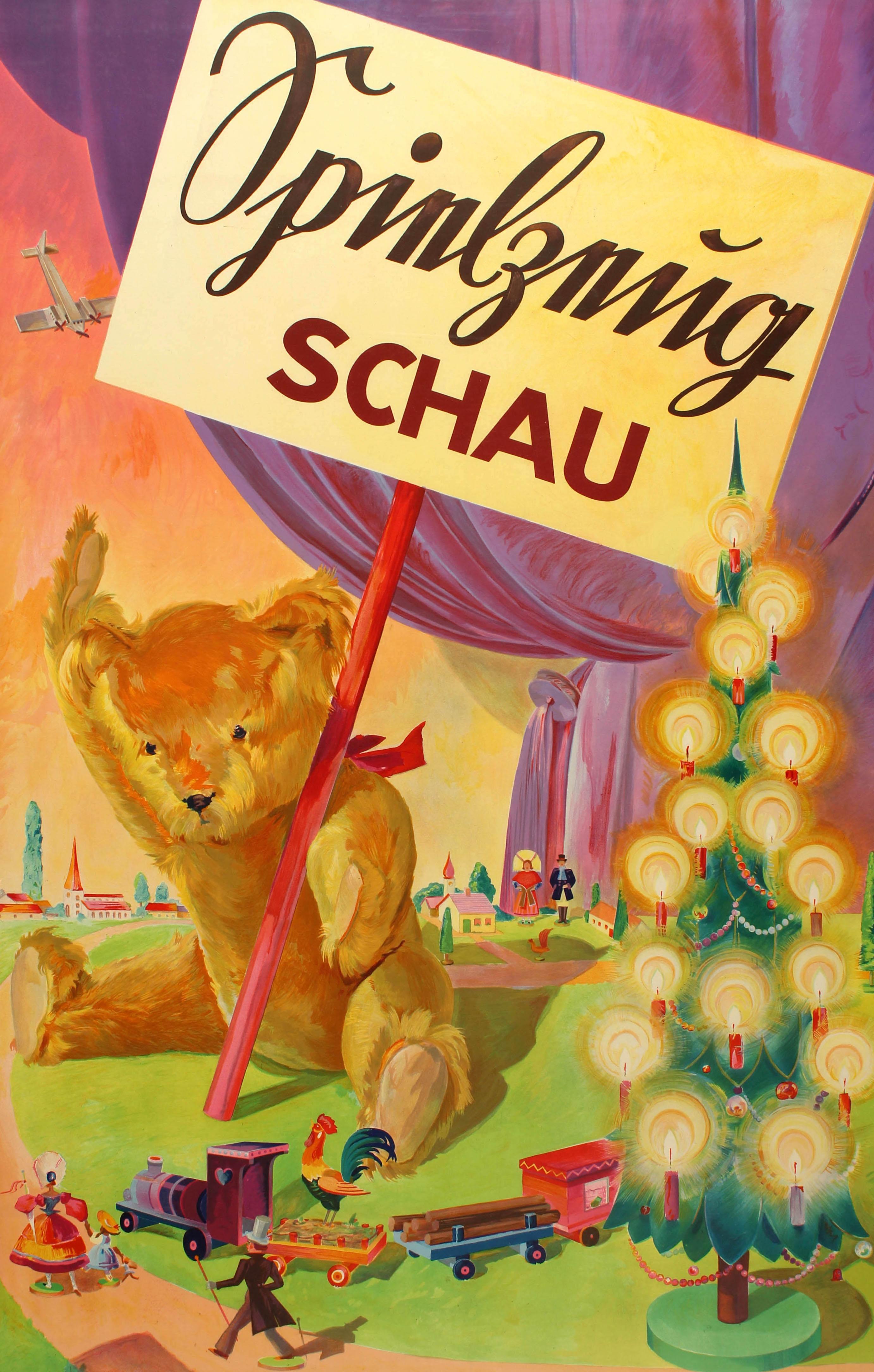 Original vintage poster for a toy exhibition featuring a colorful illustration of a teddy bear waving to the viewer while holding a sign for the exhibition, surrounded by a wooden toy train, an illuminated Christmas tree, various toys and figurines,