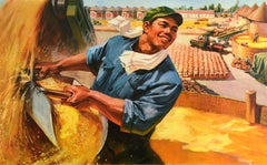 Original Vintage Chinese Propaganda Poster Grain Harvest Food Storage Farm