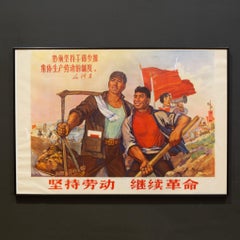 Poster originale cinese d'epoca di Propanda, Persistere nel lavoro fisico... 1970