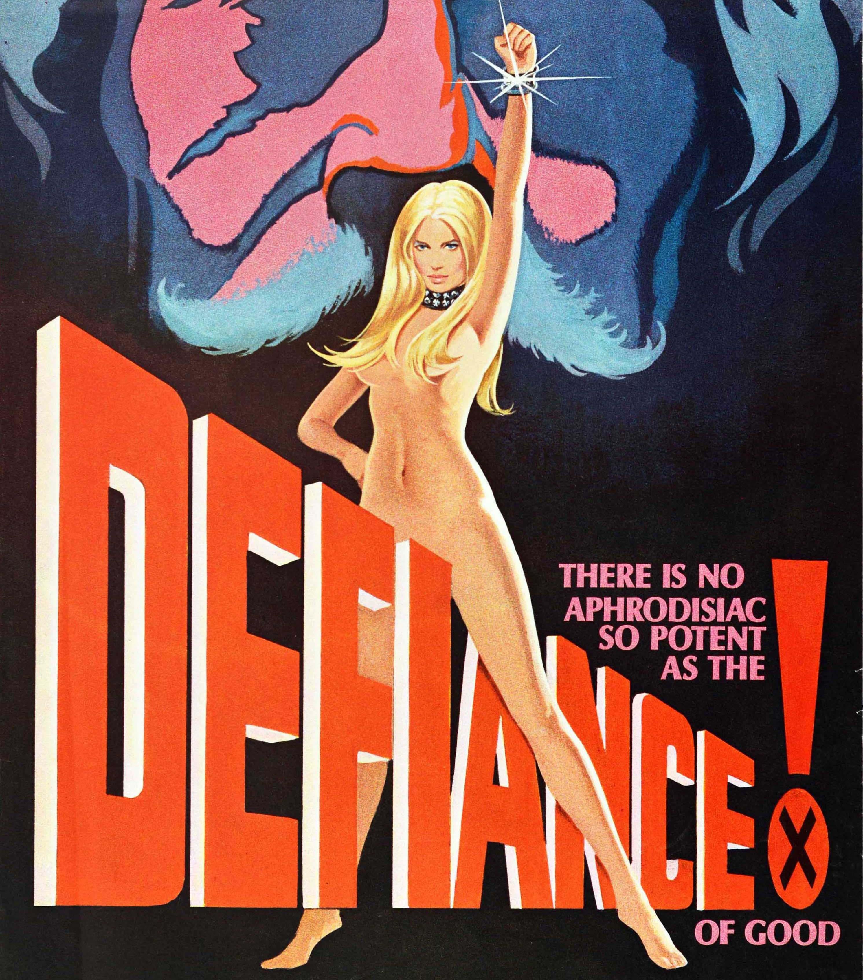 Original vintage cinema poster for an X rated adults only crime horror film - The Defiance of Good - directed by Armand Weston and starring Jean Jennings and Fred J. Lincoln featuring a naked lady with blonde hair standing with one arm raised over