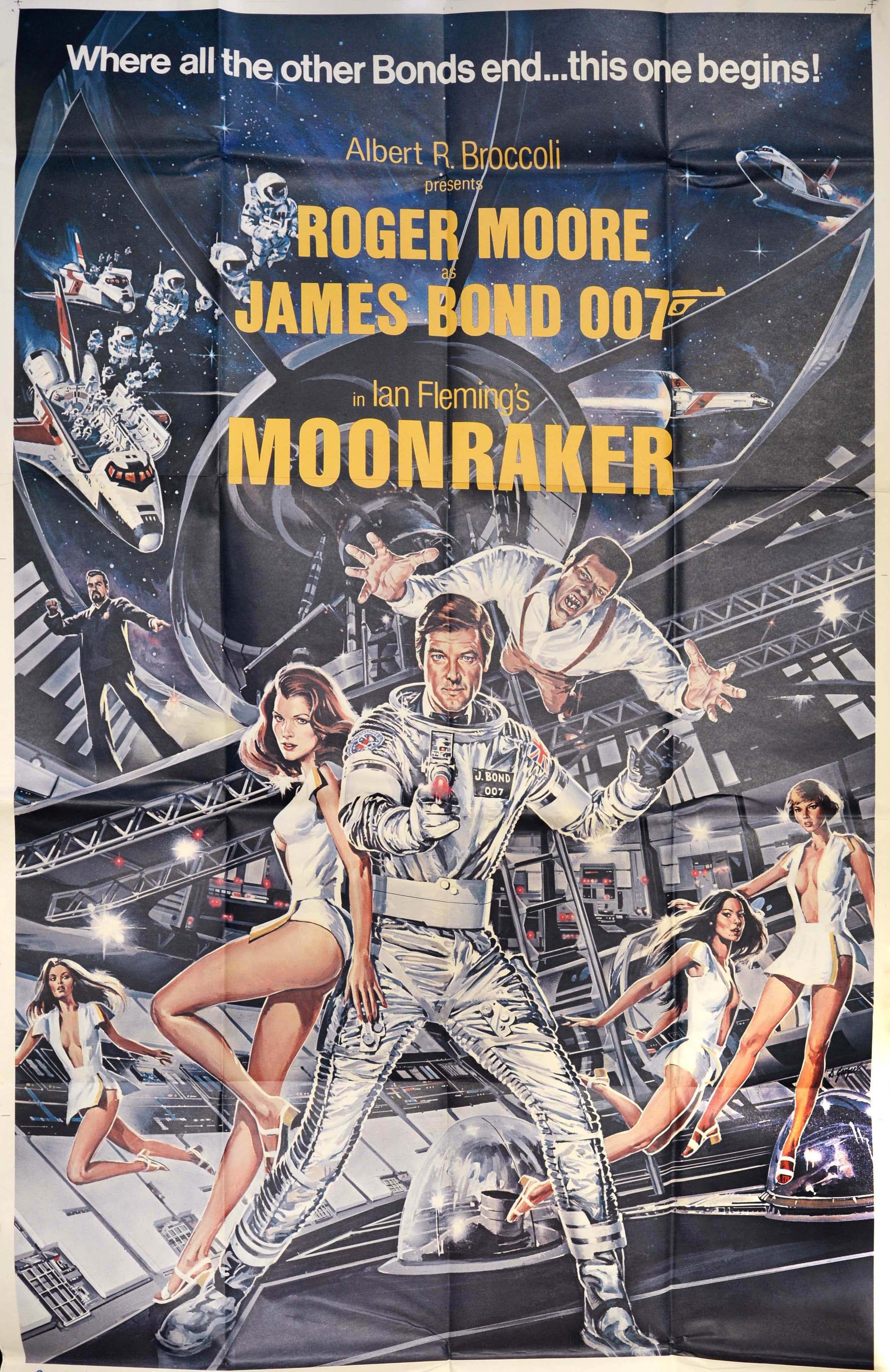 Original vintage cinema poster for the 007 James Bond movie Moonraker starring Roger Moore in the lead role, Lois Chiles as Holly Goodhead, Michael Lonsdale as Hugo Drax and Richard Kiel as Jaws - Where all the other Bonds end... this one begins! -
