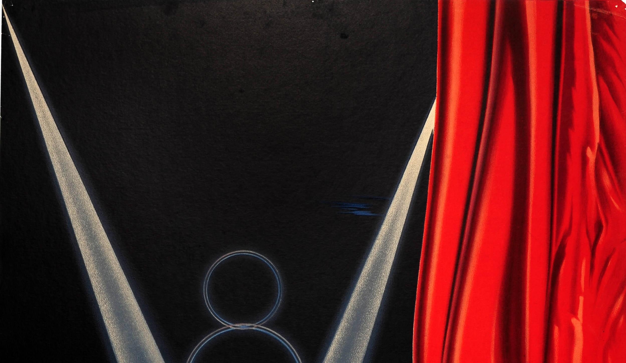 Affiche publicitaire originale pour Matford V8 Une Nouvelle Vedette sur la Scène du Monde / A New Star on the World Stage présentant un dessin fantastique montrant une nouvelle voiture classique Matford V8 bleue brillante exposée au sommet de la