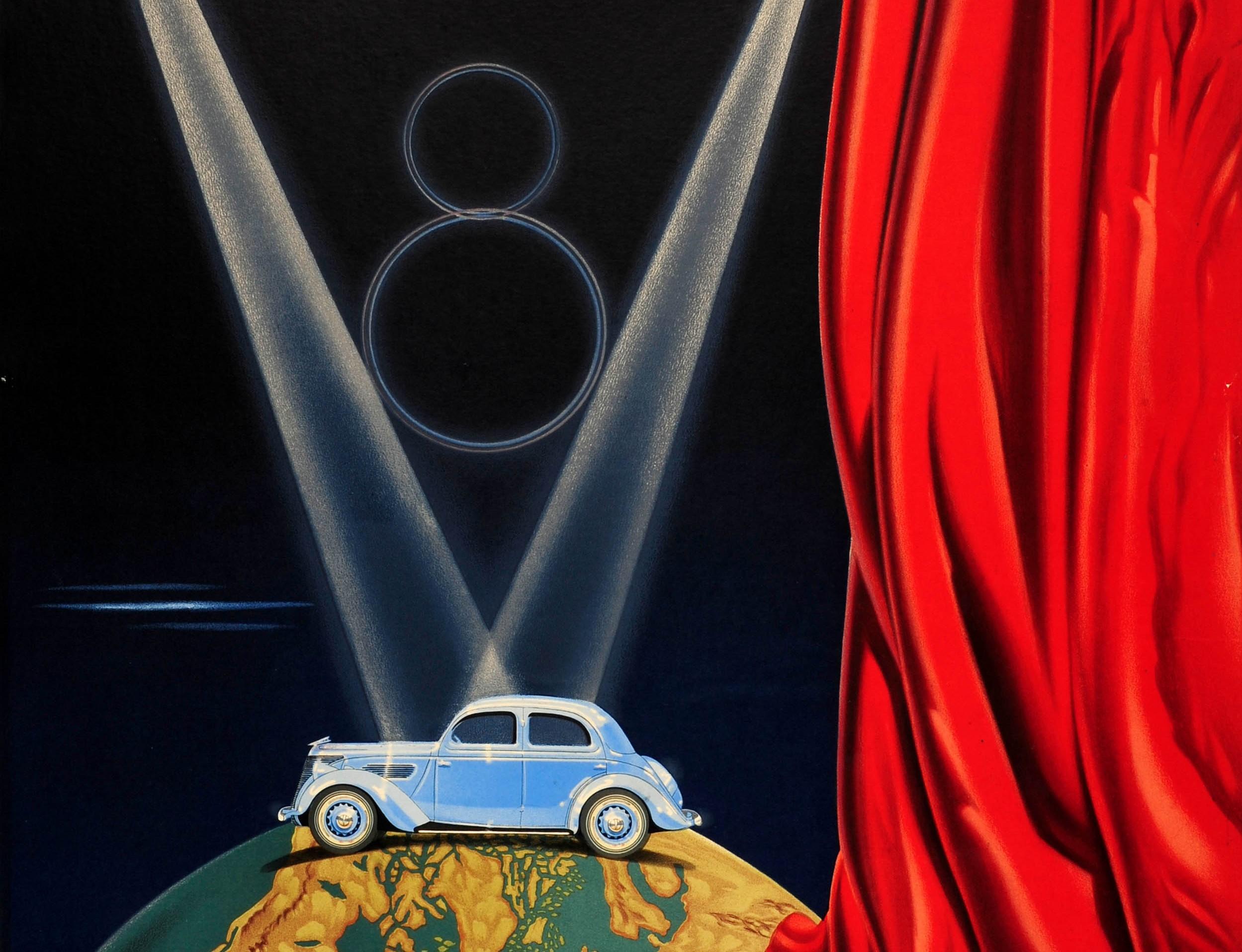 Art déco Affiche publicitaire originale vintage de voitures classiques Matford V8 avec dessin de scène Art Déco en vente
