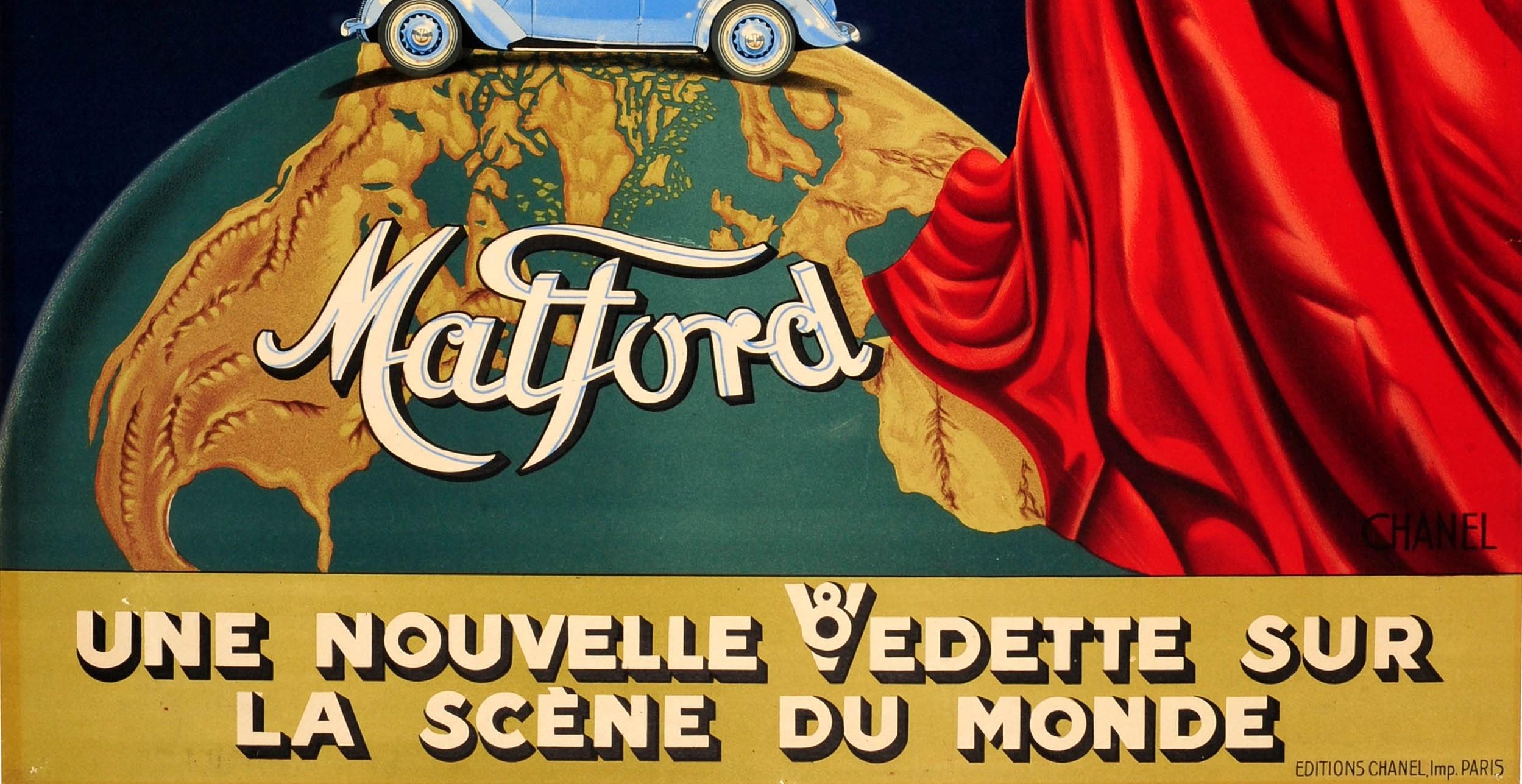 Français Affiche publicitaire originale vintage de voitures classiques Matford V8 avec dessin de scène Art Déco en vente