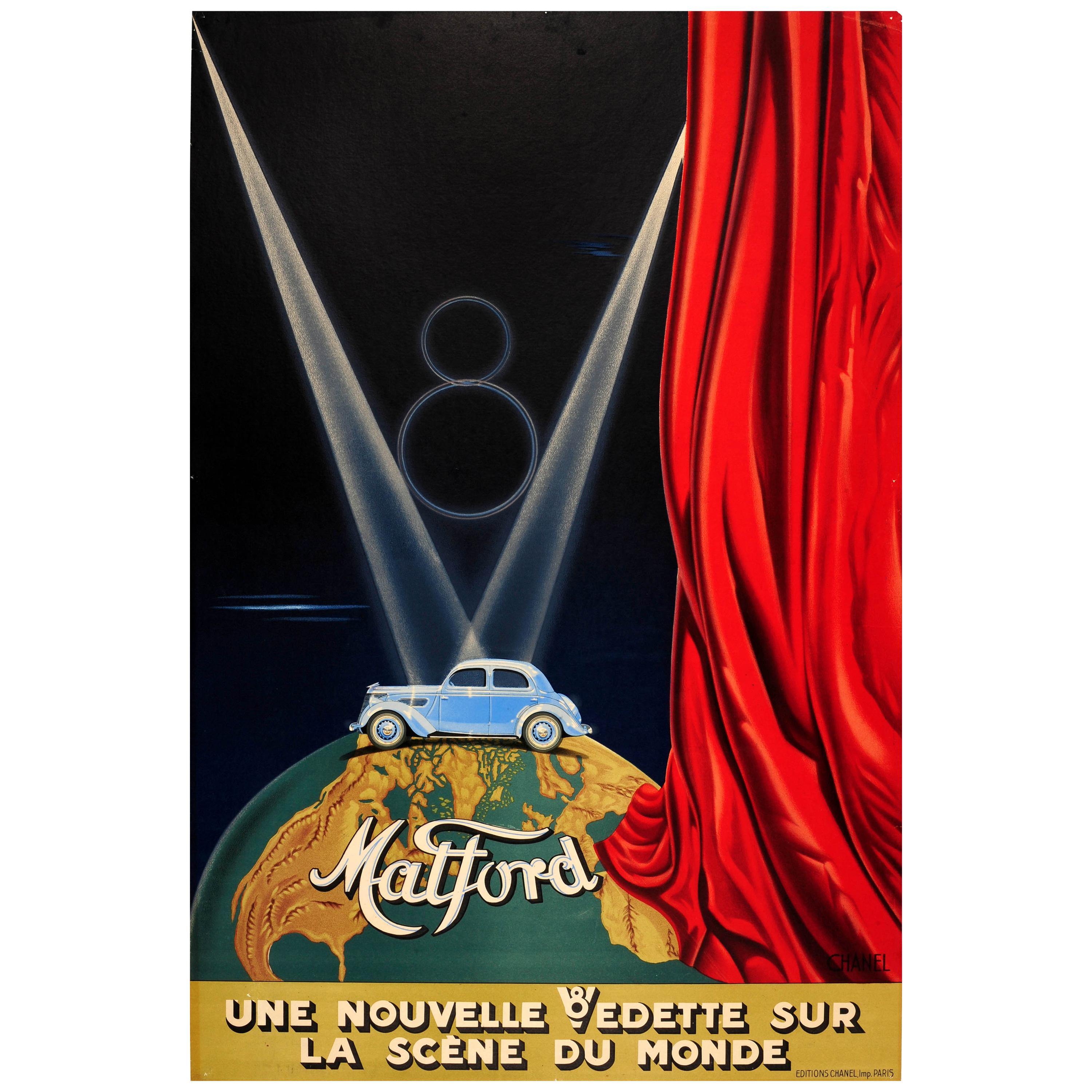 Affiche publicitaire originale vintage de voitures classiques Matford V8 avec dessin de scène Art Déco en vente