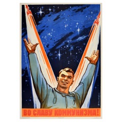 Original Vintage Cold War Poster Soviet Space Exploration Communist Glory USSR