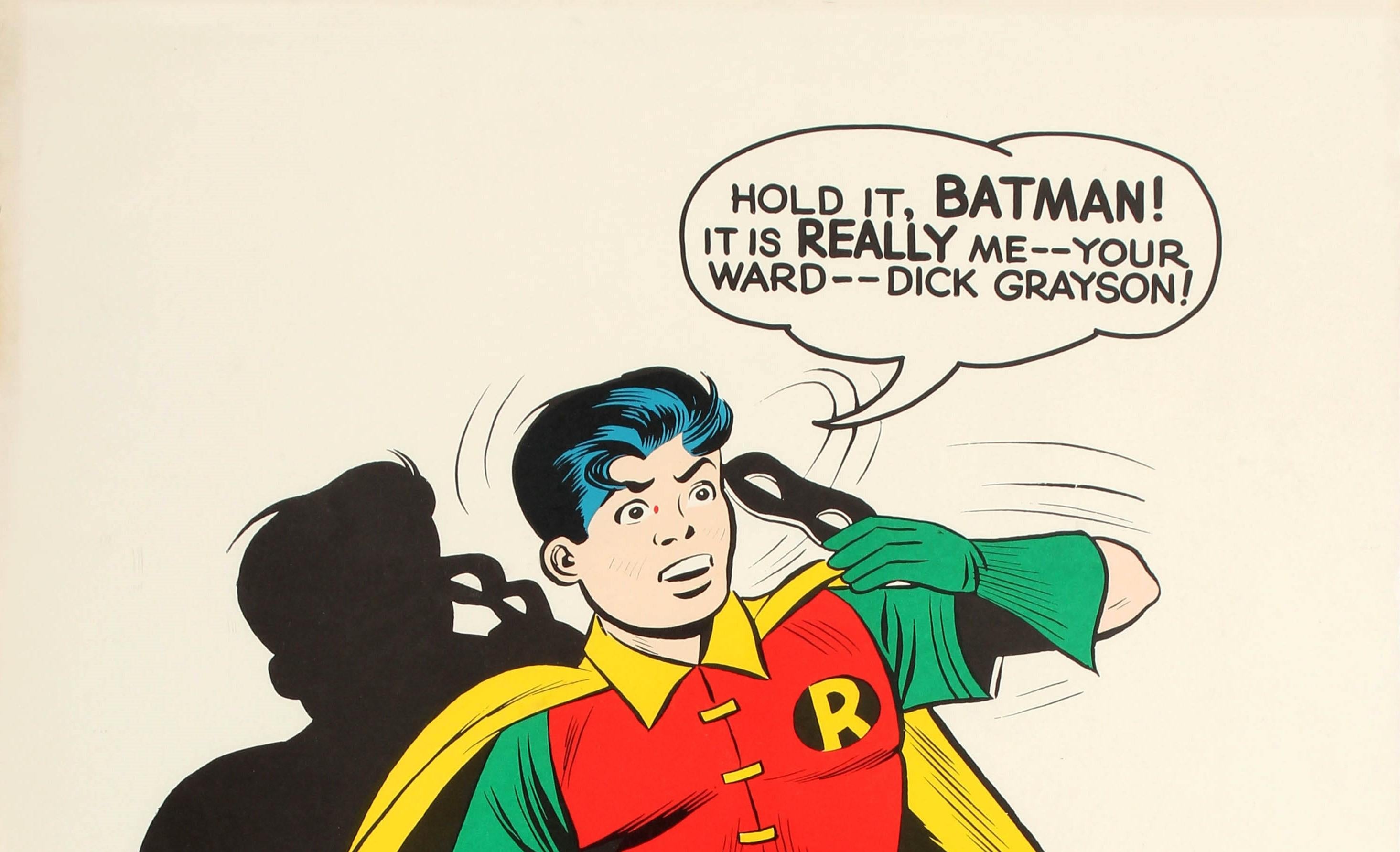 Affiche de dessin animé Batman originale et vintage présentant une illustration colorée du célèbre acolyte du jeune super-héros de la bande dessinée, Robin, vêtu de son costume rouge et vert emblématique inspiré de Robin des Bois et orné d'un badge
