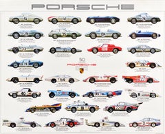 Original Vintage Commemorative Poster Porsche 50 Years Racing Cars Ken Rush