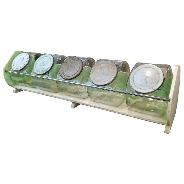 Original Vintage Convenience Store Display For Five Glass Candy Jars With Lids At 1stdibs