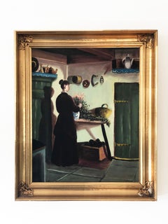 Original Vintage Cottage Interior Oil Painting, circa 1940