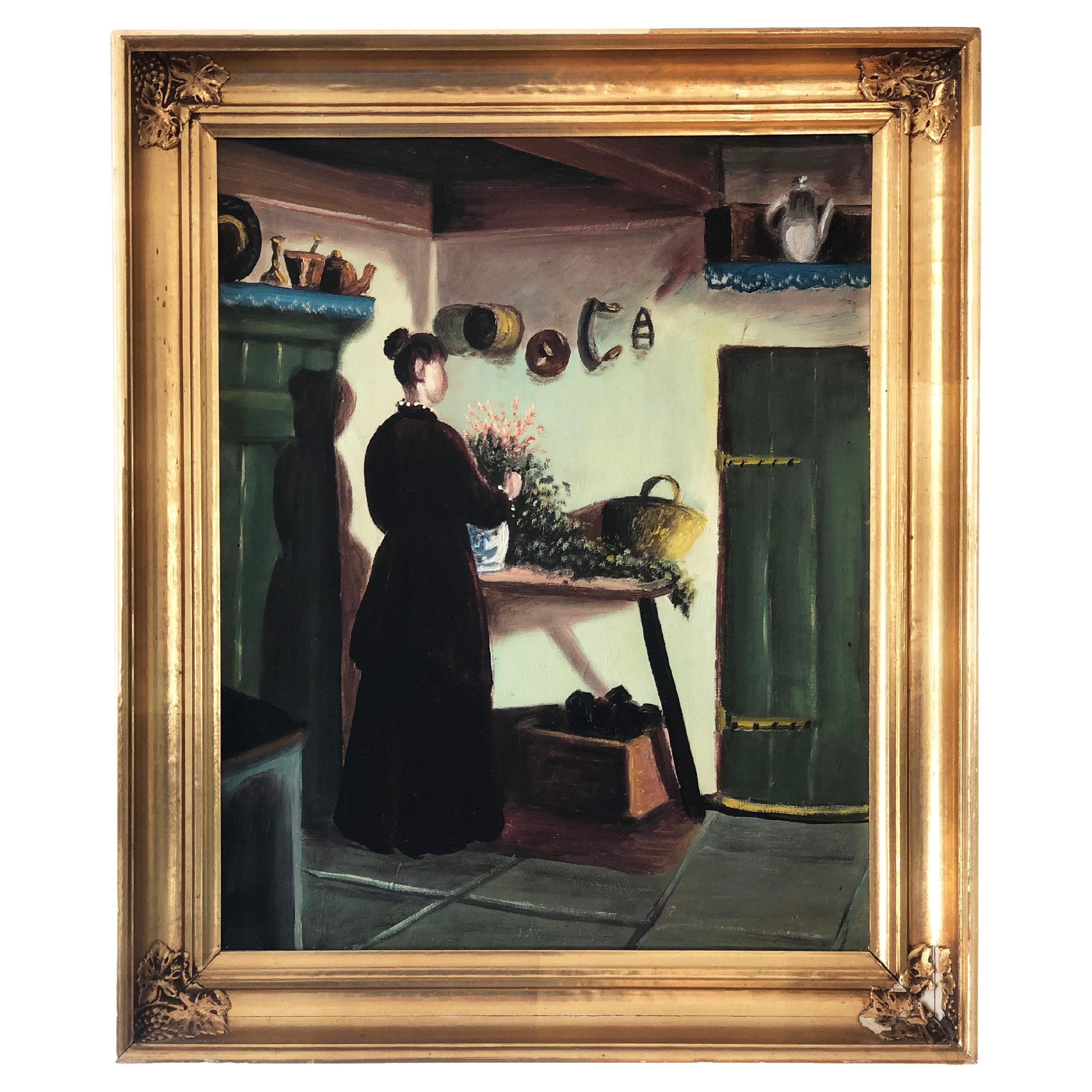 Original Vintage Cottage Interieur Ölgemälde, ca. 1940