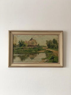 Antique Original Landscape Oil Painting: Countryside Cottage Art