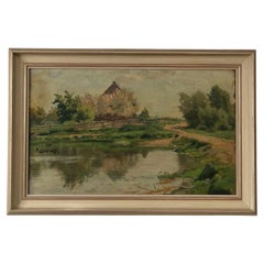 Antique Original Landscape Oil Painting: Countryside Cottage Art