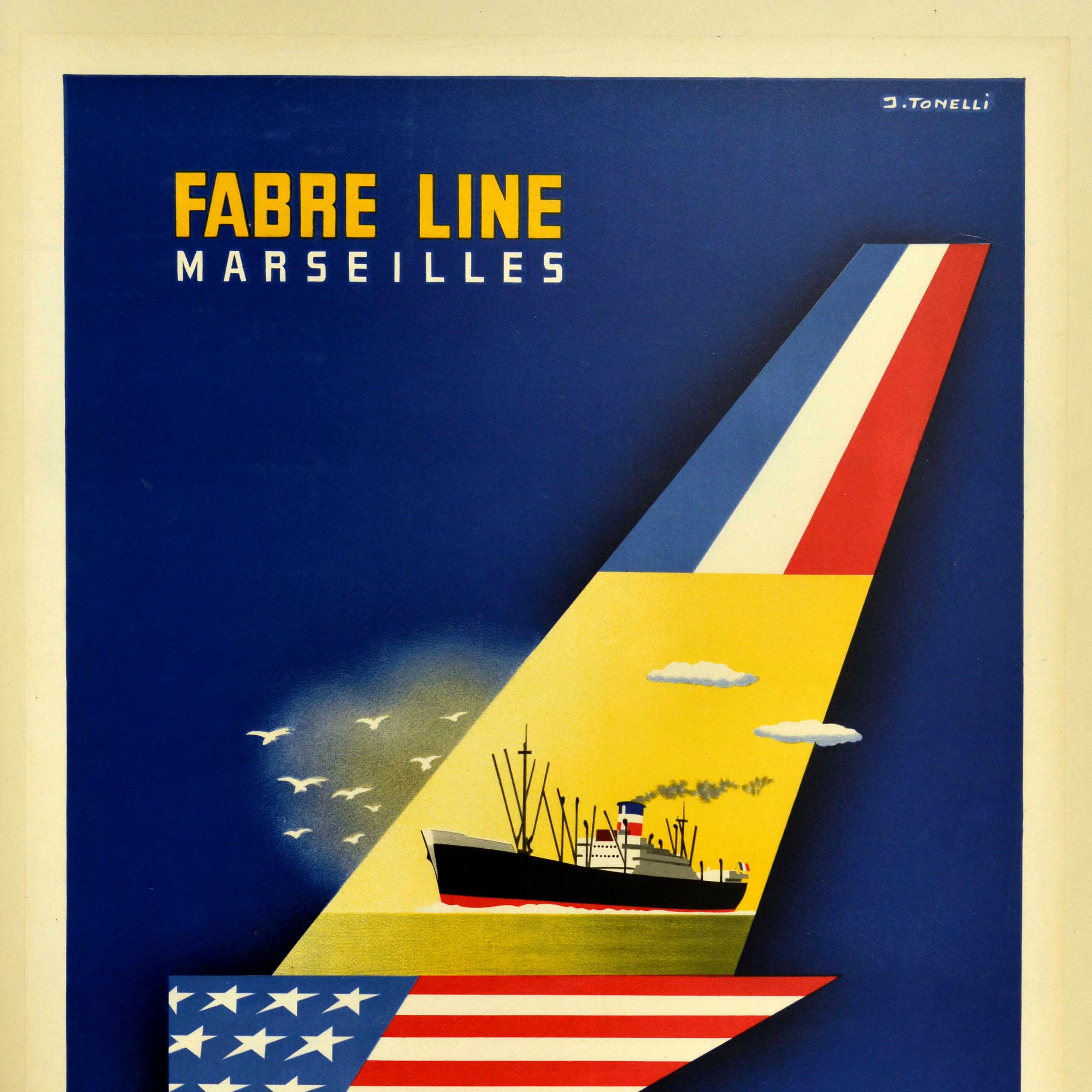 French Original Vintage Cruise Poster Fabre Line Marseilles Mediterranean New York For Sale