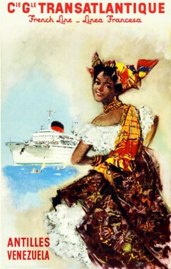 Original Vintage Cruise Poster Transatlantique French Line Antilles Venezuela