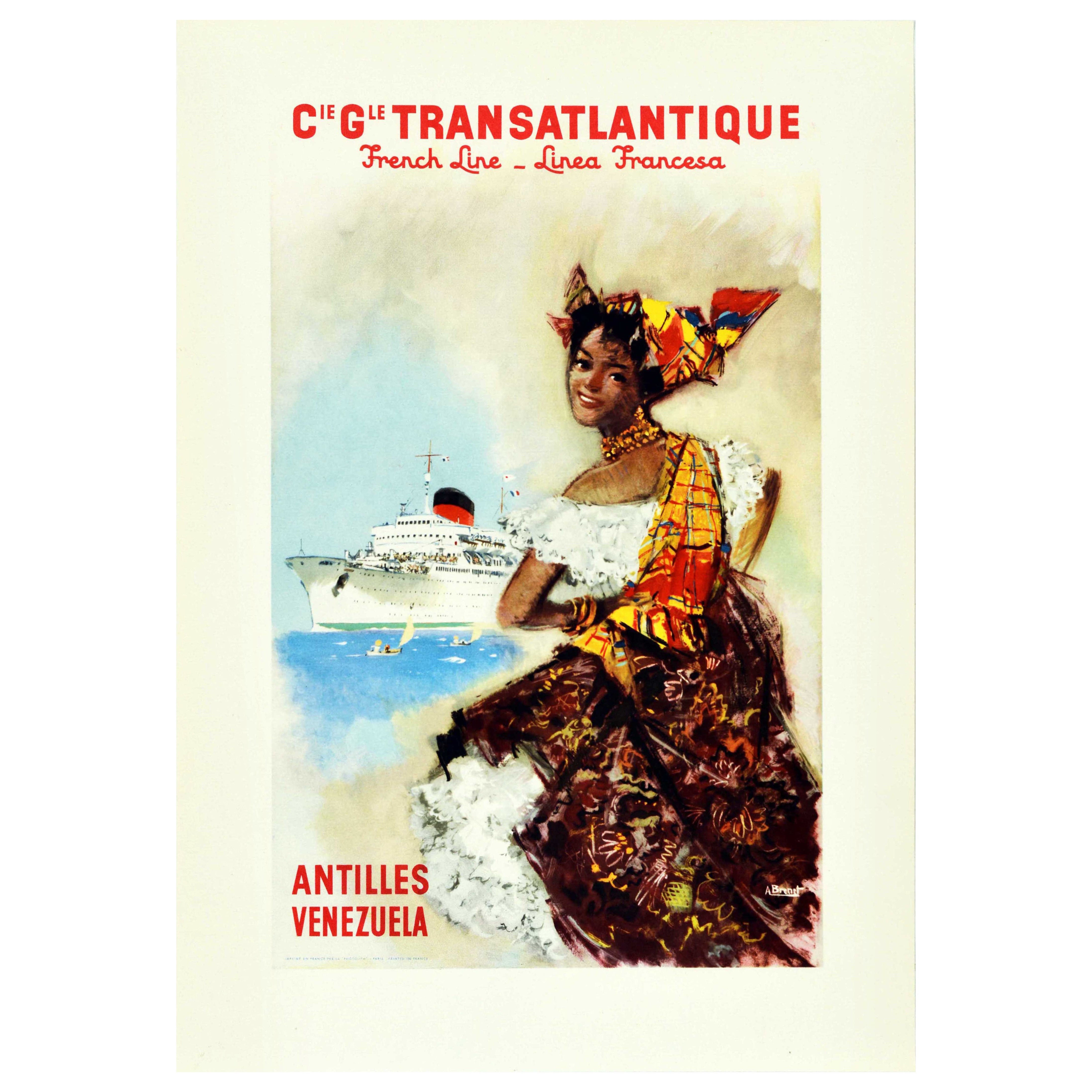 Original Vintage Cruise Poster Transatlantique Französische Linie Antillen Venezuela