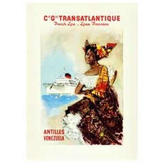 Original Vintage Cruise Poster Transatlantique Französische Linie Antillen Venezuela Original Vintage Cruise Poster Transatlantique Französische Linie Antillen Venezuela