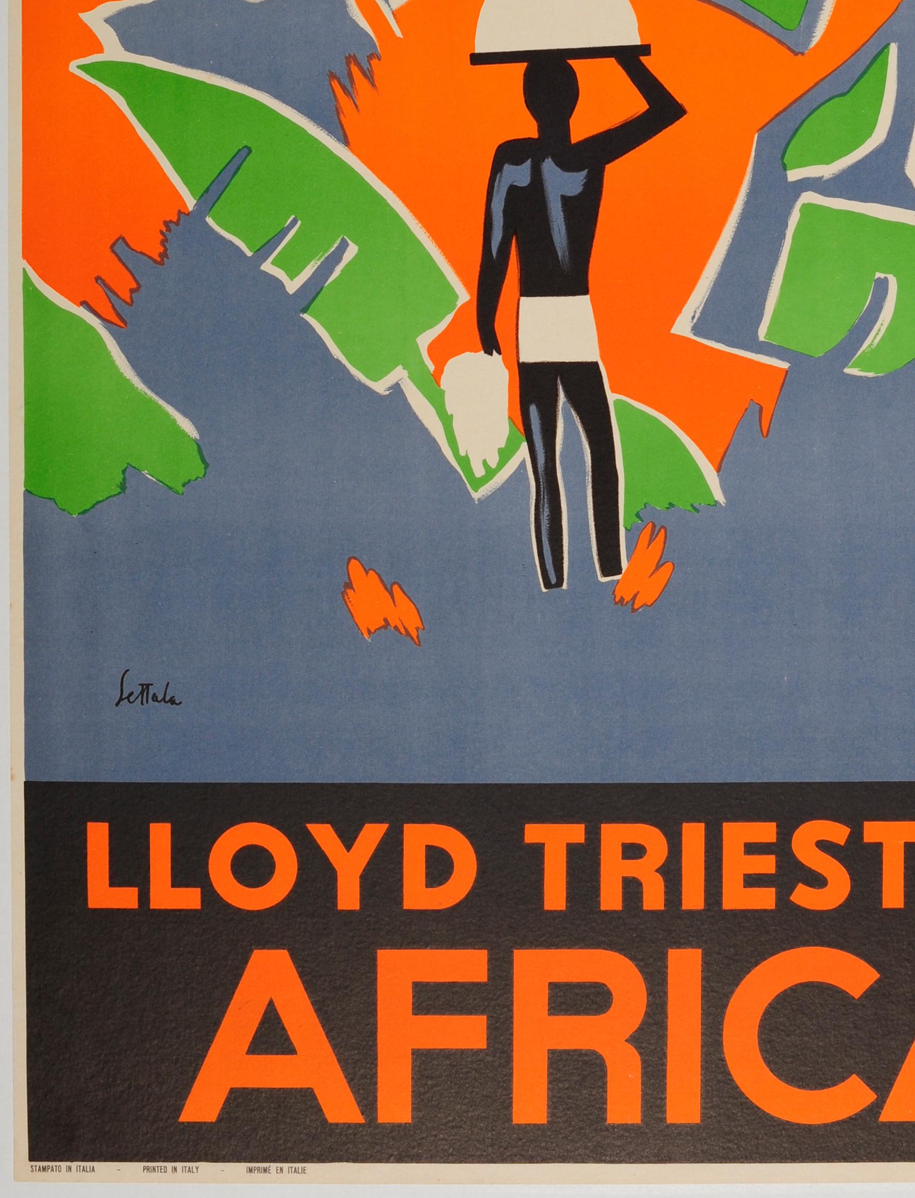Original vintage travel advertising poster for the Italian shipping company Lloyd Triestino promoting travel by cruise liner to Africa. Colorful illustration by Giorgio Settala featuring a person carrying goods into a jungle with the leaves and