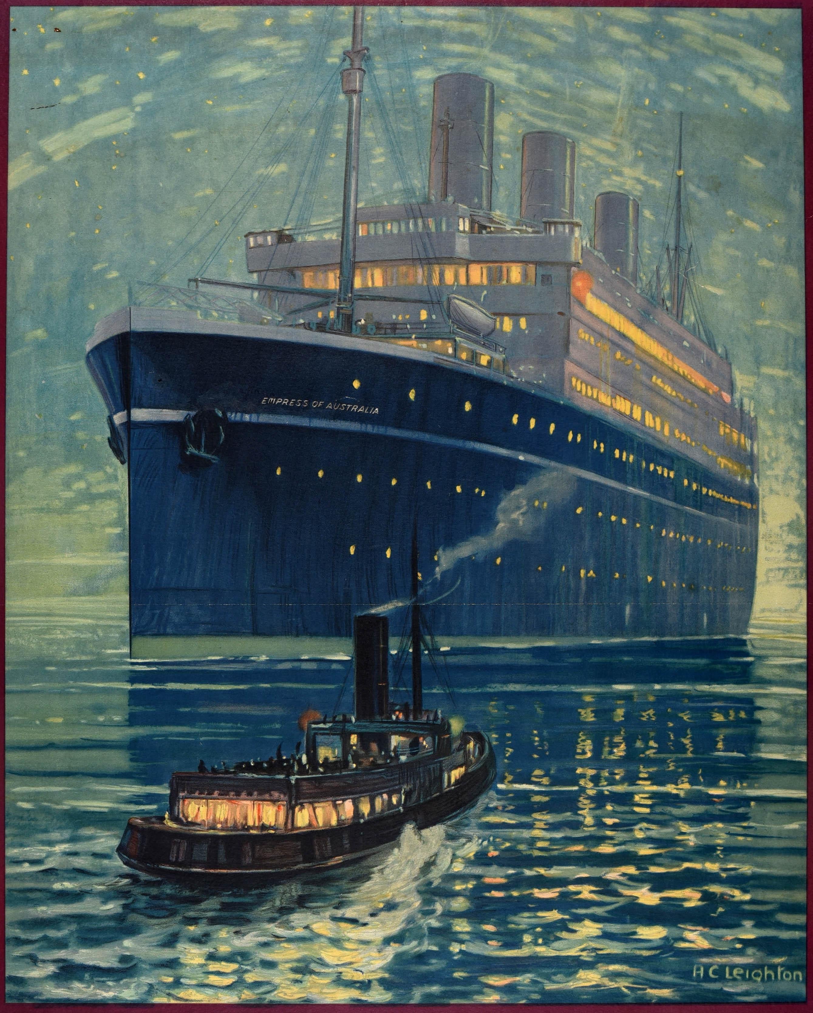 Original vintage cruise ship travel poster - Canadian Pacific Empress of Australia Europe Canada USA - featuring a night time seascape by Alfred Crocker Leighton (1901-1956) depicting a small steam boat approaching the Empress of Australia ocean