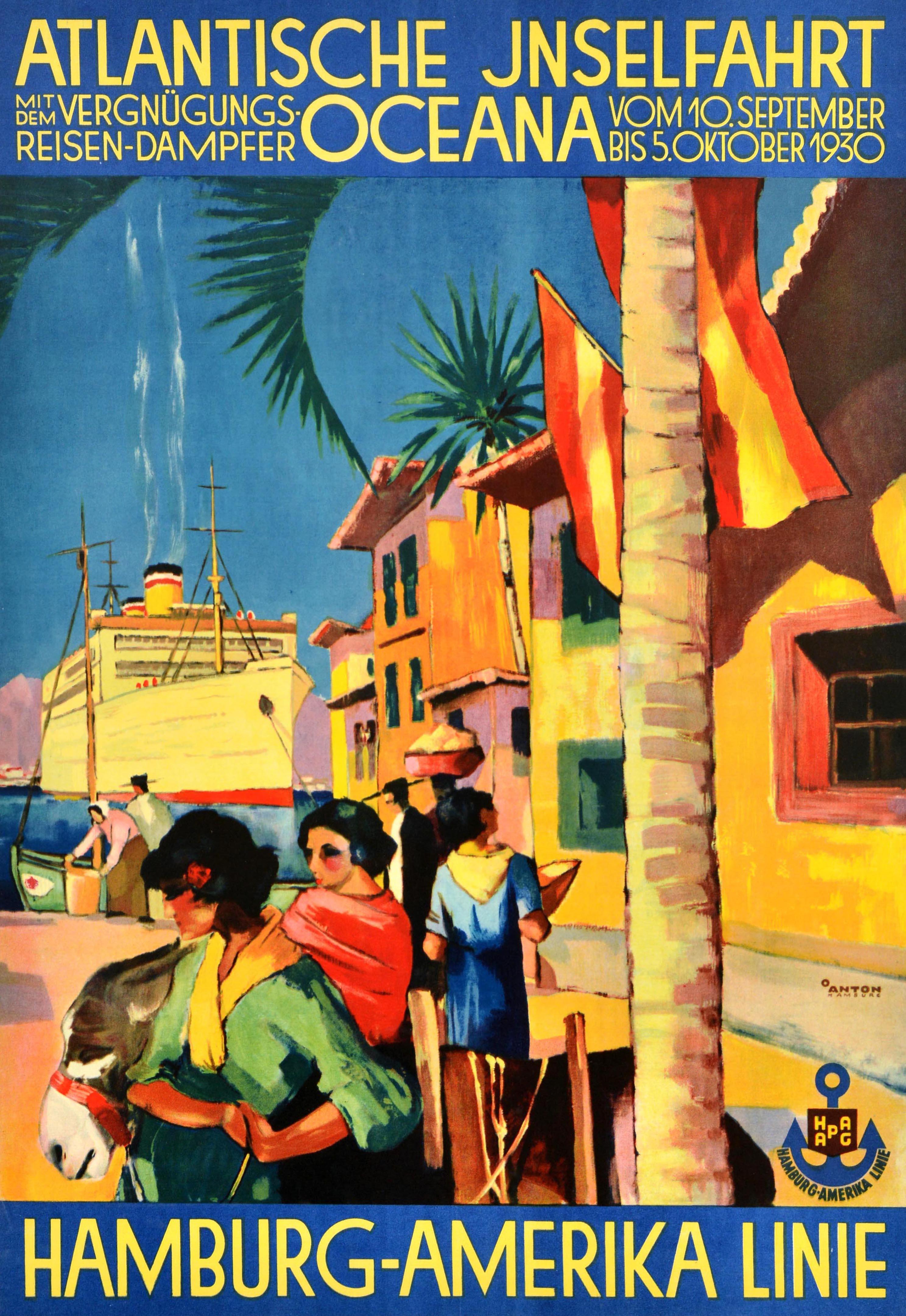 Originelles Reiseplakat für Kreuzfahrtschiffe, das für Inselfahrten im Atlantik auf dem Vergnügungsreise-Dampfer Oceana der Hamburg-Amerika-Dampfschifffahrtsgesellschaft vom 10. September bis 5. Oktober 1930 wirbt - Atlantische Inselfahrt mit dem
