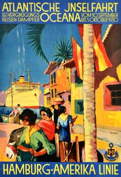 Original Vintage Cruise Ship Travel Poster Hamburg Amerika Linie Atlantic Island