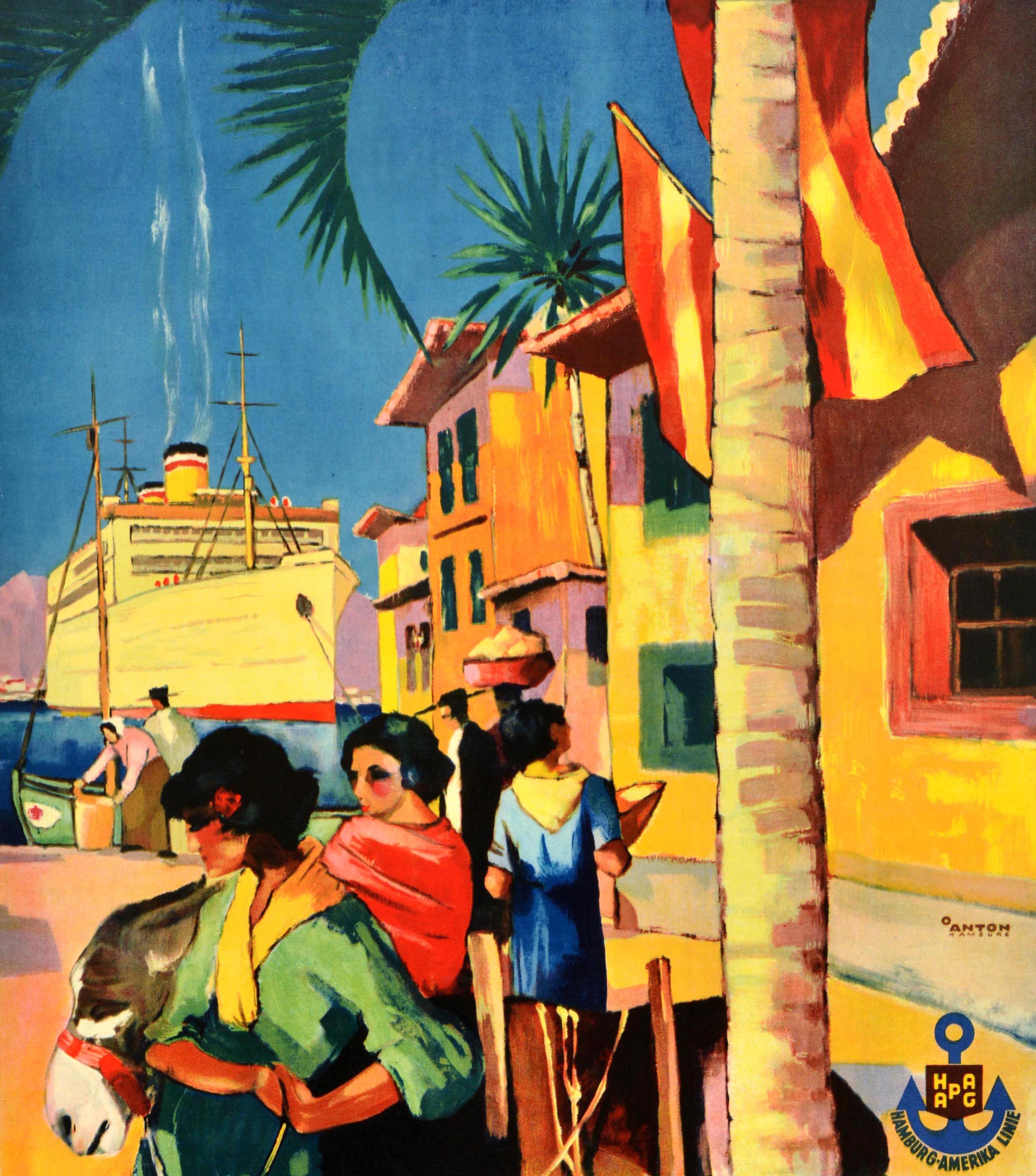 Original Vintage Cruise Ship Travel Poster Hamburg Amerika Linie Atlantic Island (Mitte des 20. Jahrhunderts) im Angebot