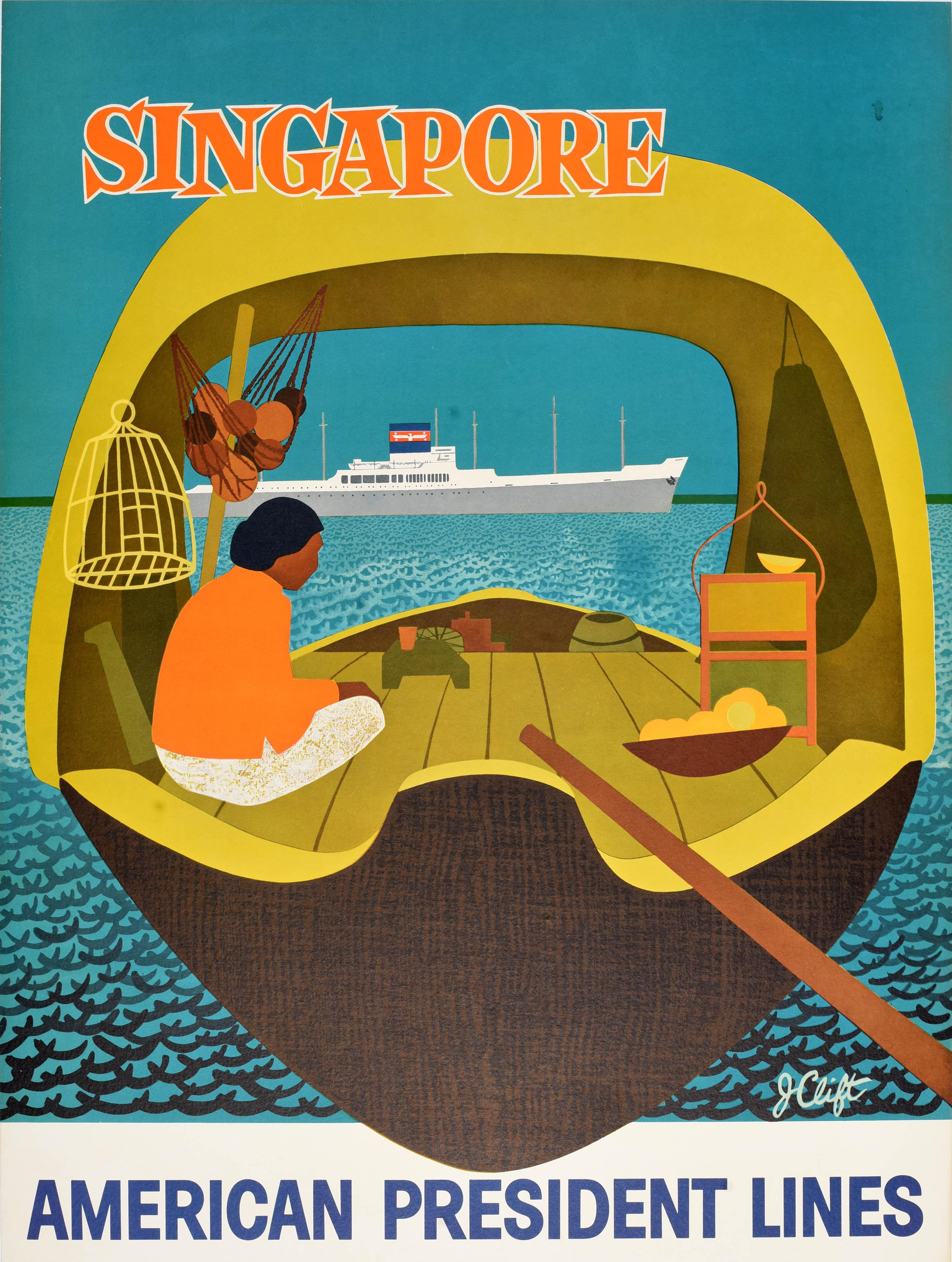 Original Vintage Asien Kreuzfahrtschiff Reiseplakat - Singapur American President Lines Serving 50 Häfen auf 4 großen Handelsrouten - mit einer großen Illustration, die eine Dame sitzt unter der Abdeckung eines traditionellen hölzernen Twakow Boot