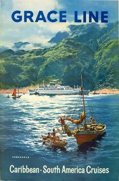 Original Vintage Cruise Travel Advertising Poster Grace Line Venezuela Caribbean