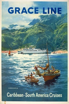 Original Vintage Cruise Travel Advertising Poster Grace Line Venezuela Caribbean