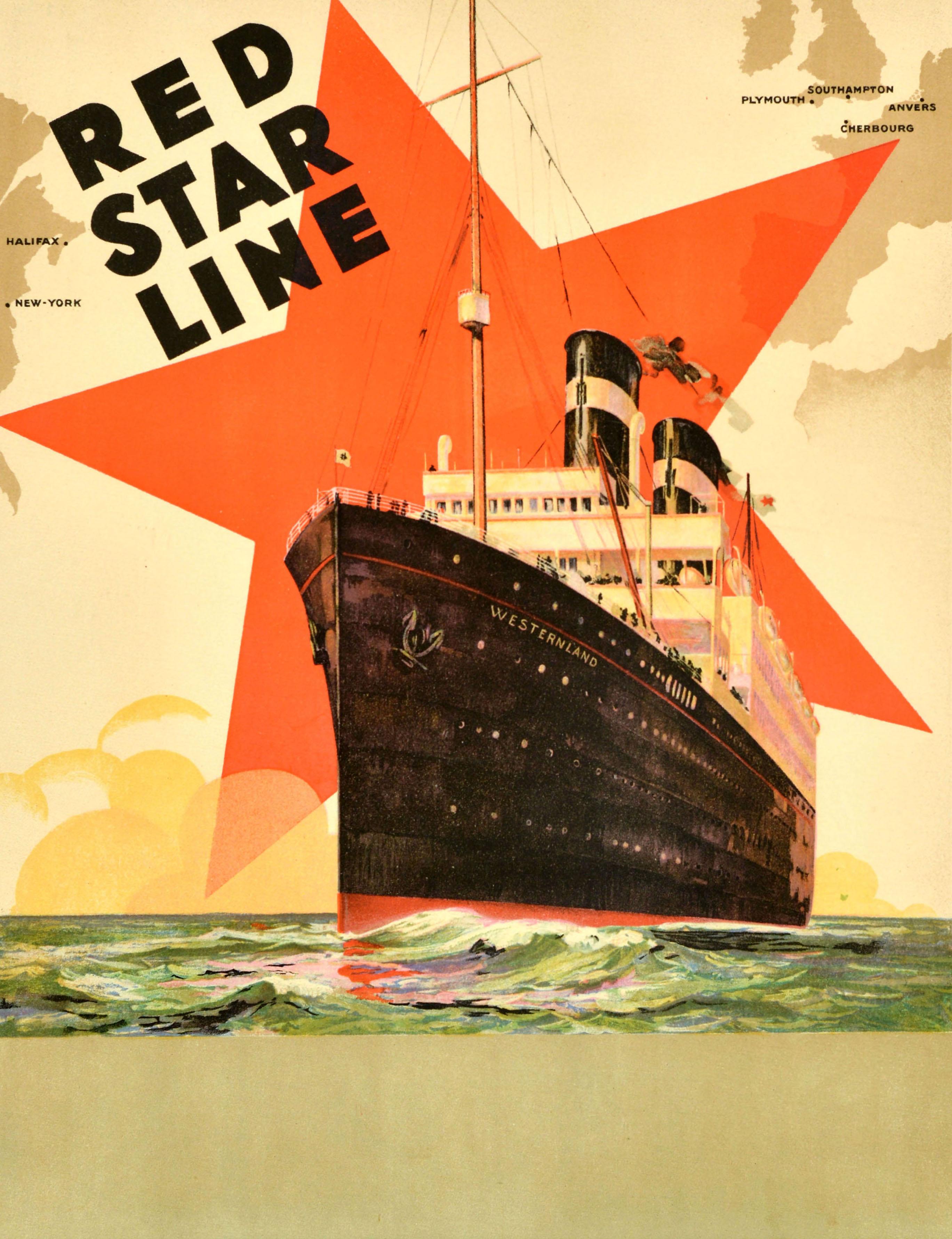 Original-Werbeplakat für Kreuzfahrten der Red Star Line mit einem Bild des transatlantischen Ozeandampfers SS Westernland, der auf einer leicht kabbeligen See fährt, vor einem roten Stern und einer Streckenkarte im Hintergrund, die Amerika und