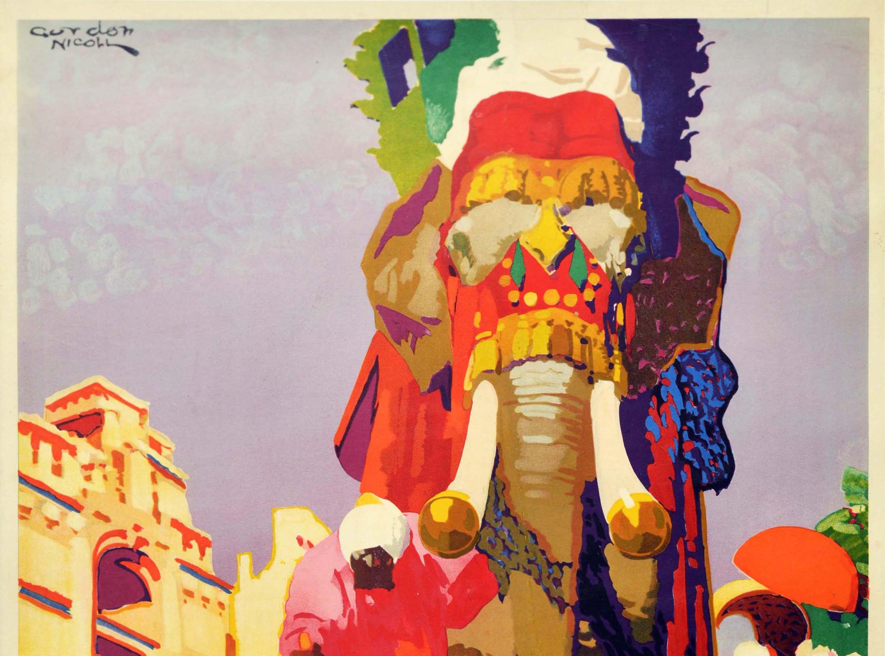 Original vintage cruise travel poster advertising Anchor Line to Gibraltar Egypt and India featuring a colourful design by the illustrator and artist Gordon William Nicoll (1888-1959) of an Indian elephant decorated for a festival being led towards