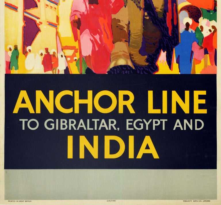 British Original Vintage Cruise Travel Poster Anchor Line India Elephant Gibraltar Egypt For Sale