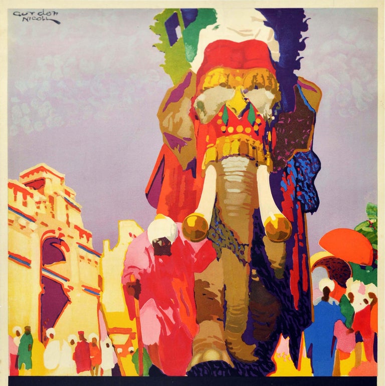 Original Vintage Cruise Travel Poster Anchor Line India Elephant Gibraltar Egypt In Good Condition For Sale In London, GB