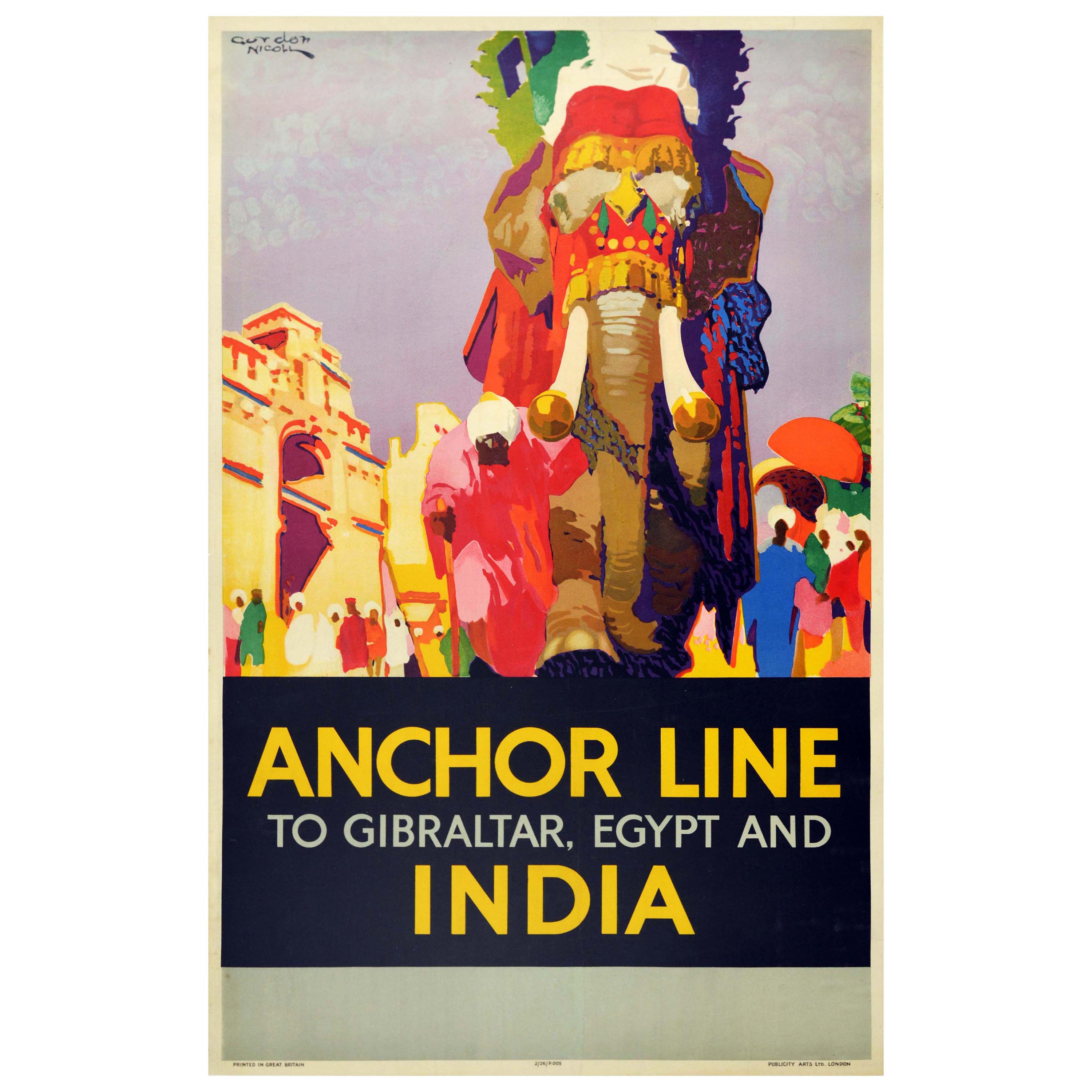 Original Vintage Cruise Travel Poster Anchor Line India Elephant Gibraltar Egypt