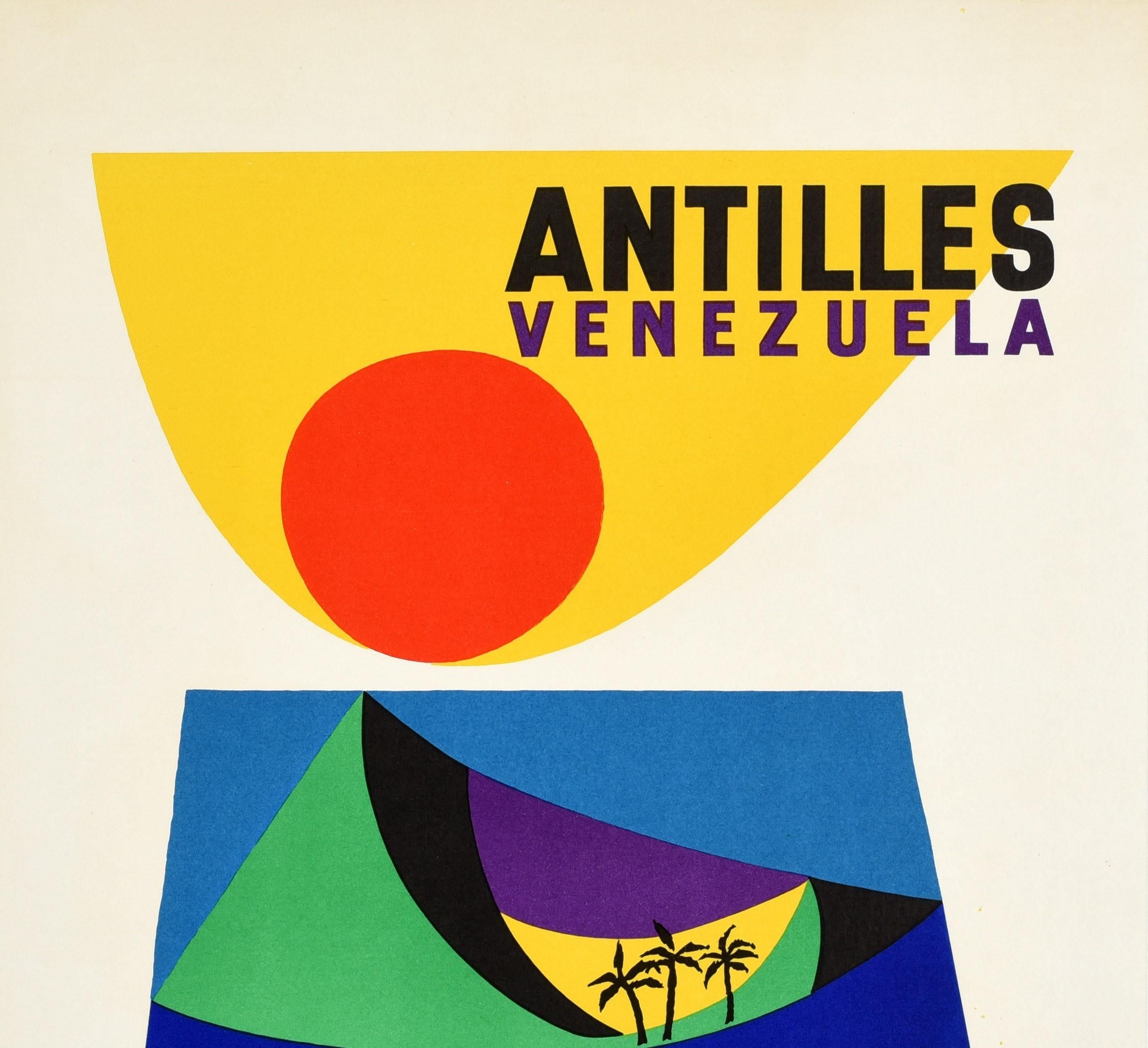 Original vintage travel poster for Antilles Venezuela issued by the Compagnie Generale Transatlantique featuring a colourful mid-century design in shapes depicting the sun above palm trees on a sandy beach with green hills on an island against the