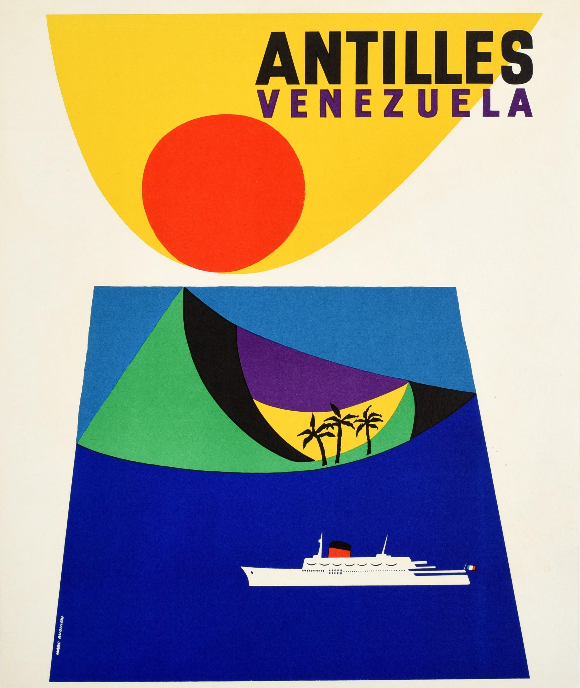 French Original Vintage Cruise Travel Poster Antilles Venezuela CGT Midcentury Design