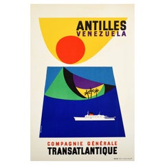 Original Vintage Cruise Travel Poster Antilles Venezuela CGT Midcentury Design