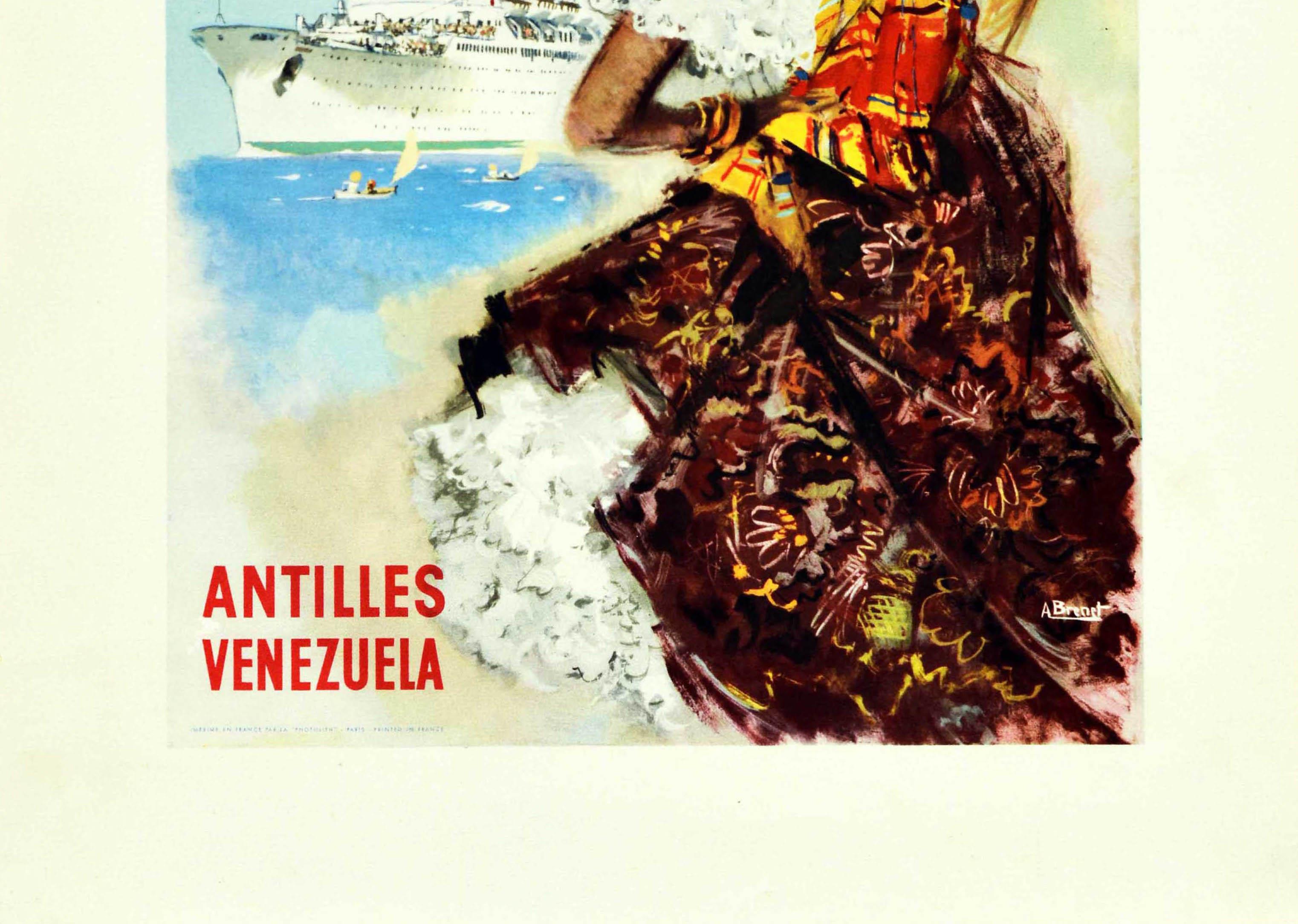 Original Vintage Cruise Travel Poster Antilles Venezuela French Line Brenet Art In Good Condition In London, GB
