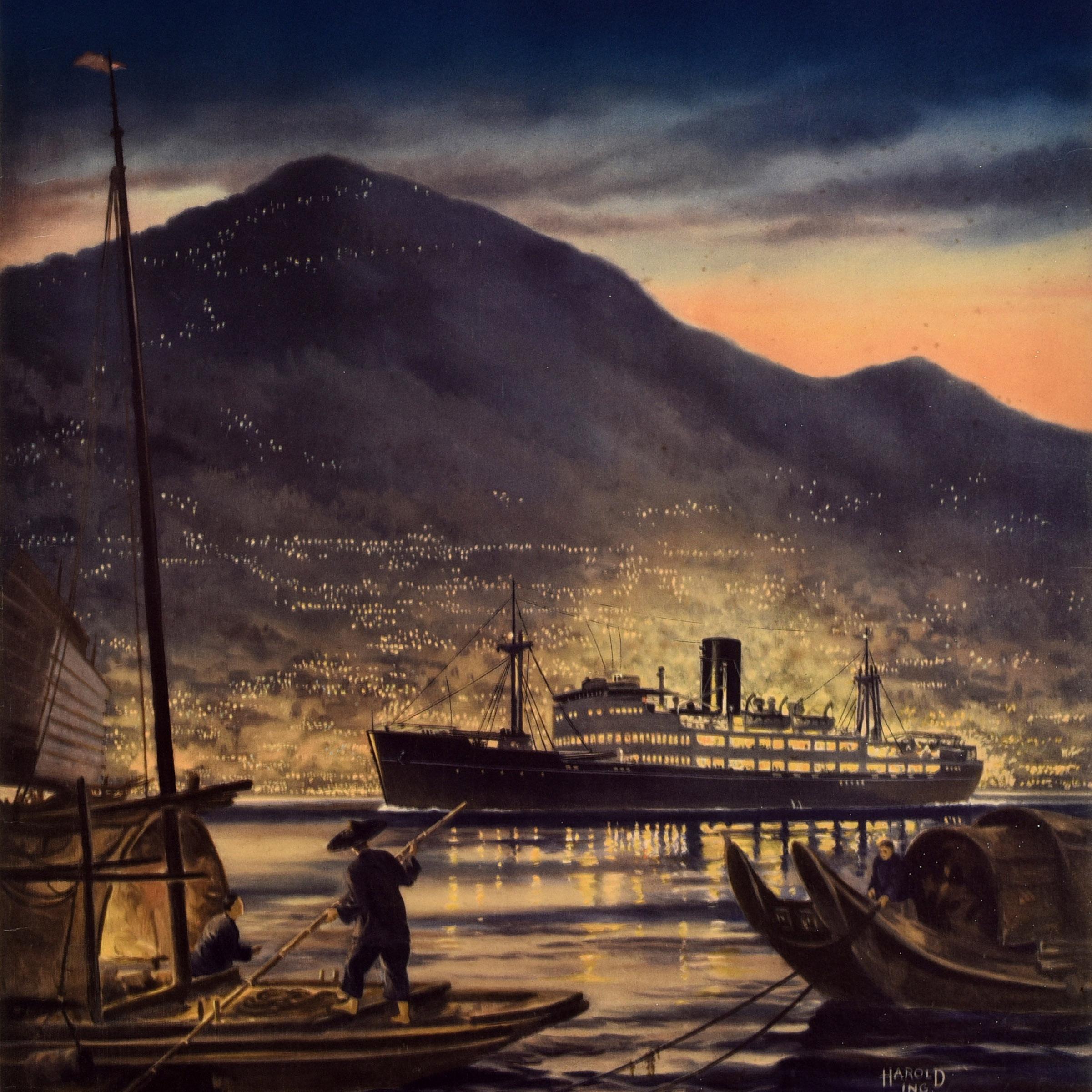 Original vintage cruise travel poster - China Navigation Co Ltd Australia to the Orient By the New British Liners MV Changsha M.V. Taiyuan - featuring a stunning night view by Harold Ing (1900-1973) depicting a ship sailing in a harbour in Asia with